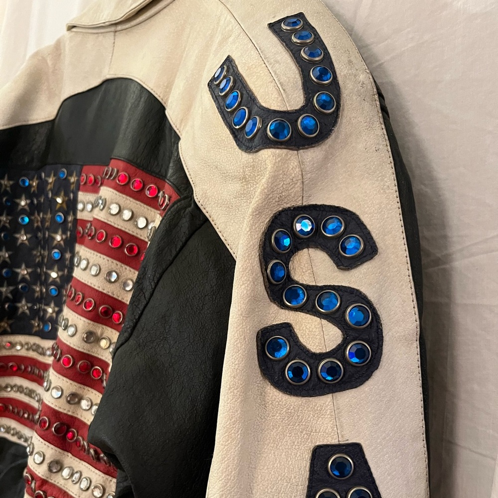 Leather jacket moto motorcycle vintage USA flag BLING